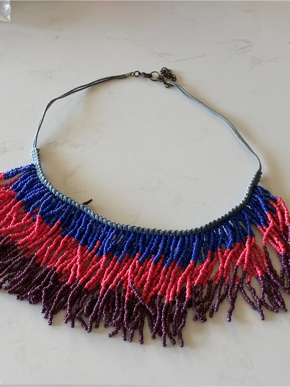 Vintage Beaded Fringe Statement Necklace in Blue, Pink & Purple